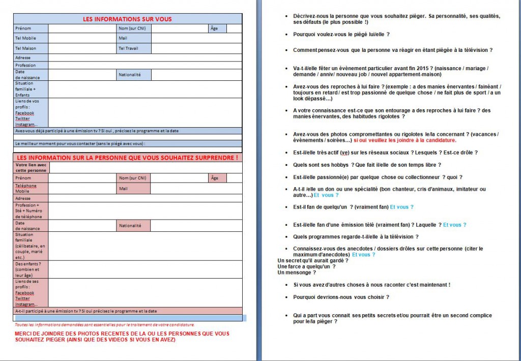 Questionnaire pour participer a l'émission 'Tout peut arriver'