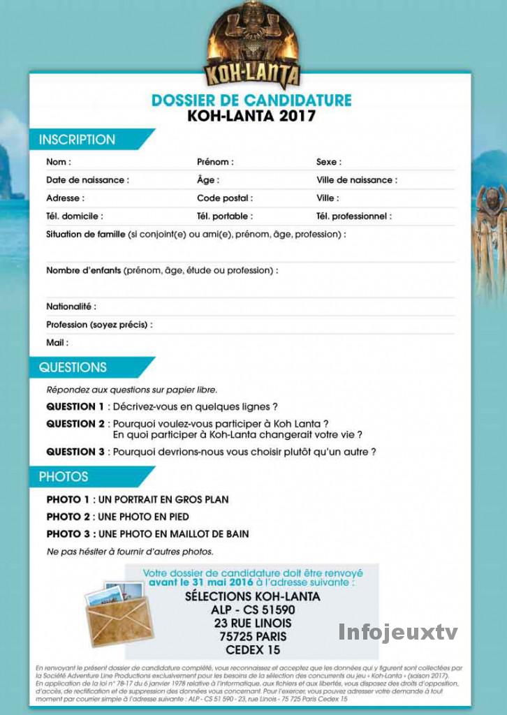 Dossier de candidature de Koh Lanta